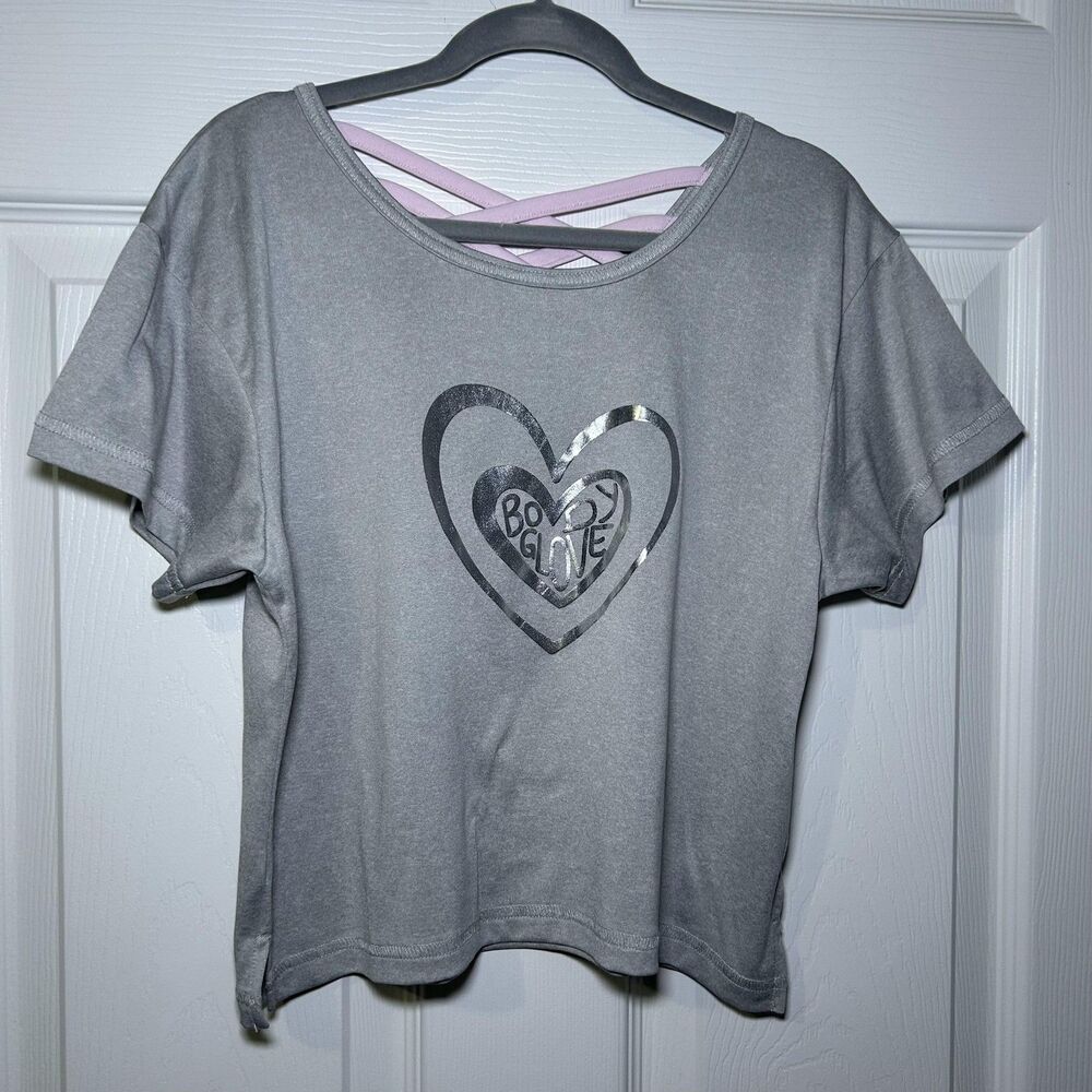 Body Glove Shirt Juniors Size 12 Gray Heart Logo Strappy Back Cropped NWOT